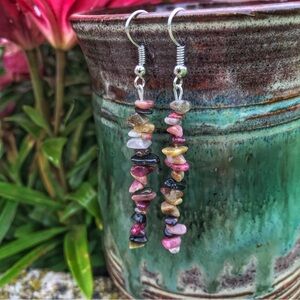 Tourmaline Crystal Dangle Earrings, Boho Festival Healing Jewelry
